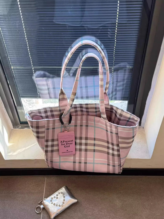 Double-Sided Plaid Canvas Tote Bag