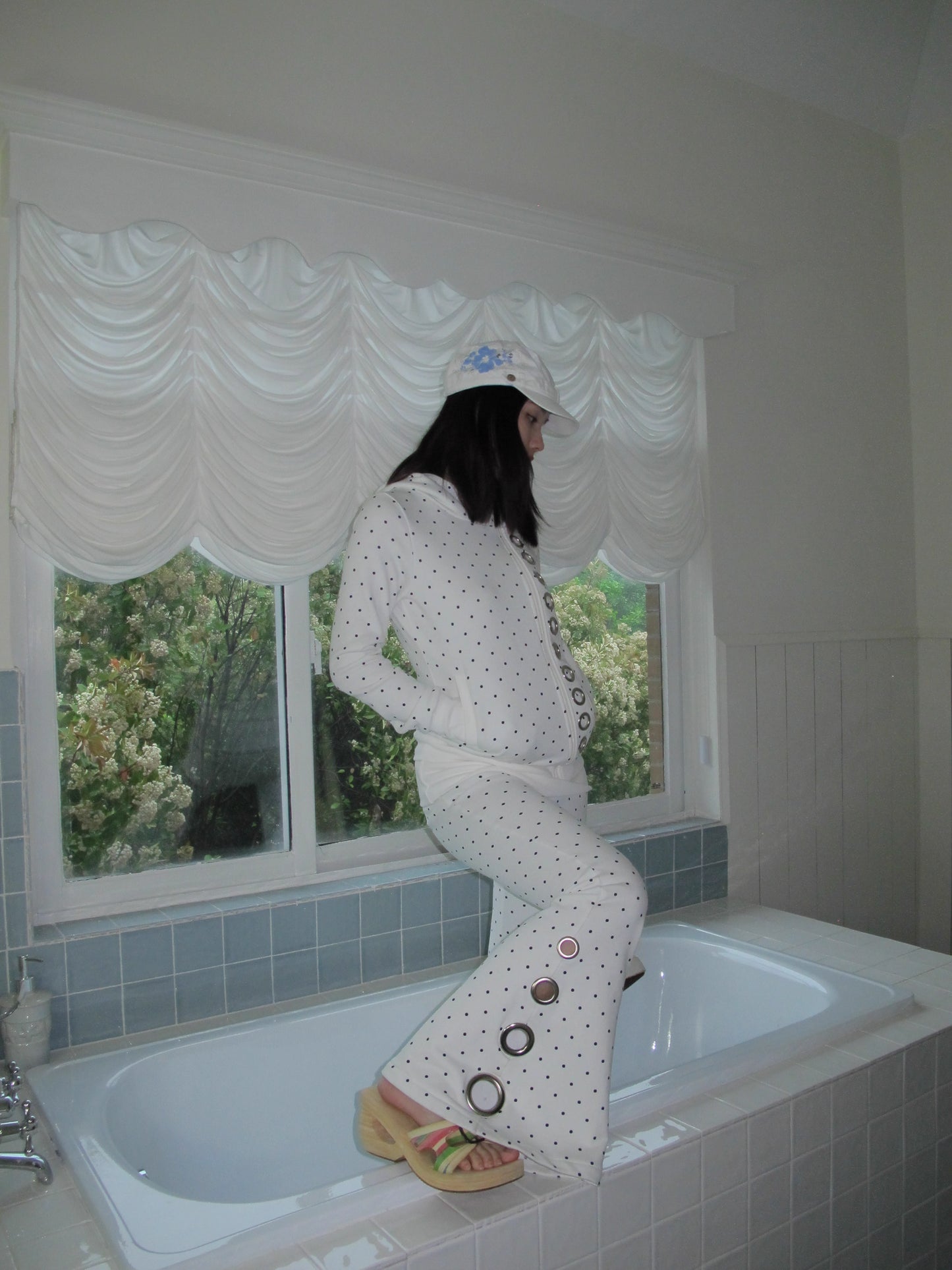 Black & White Polka Dot Eyelet Flared Trousers