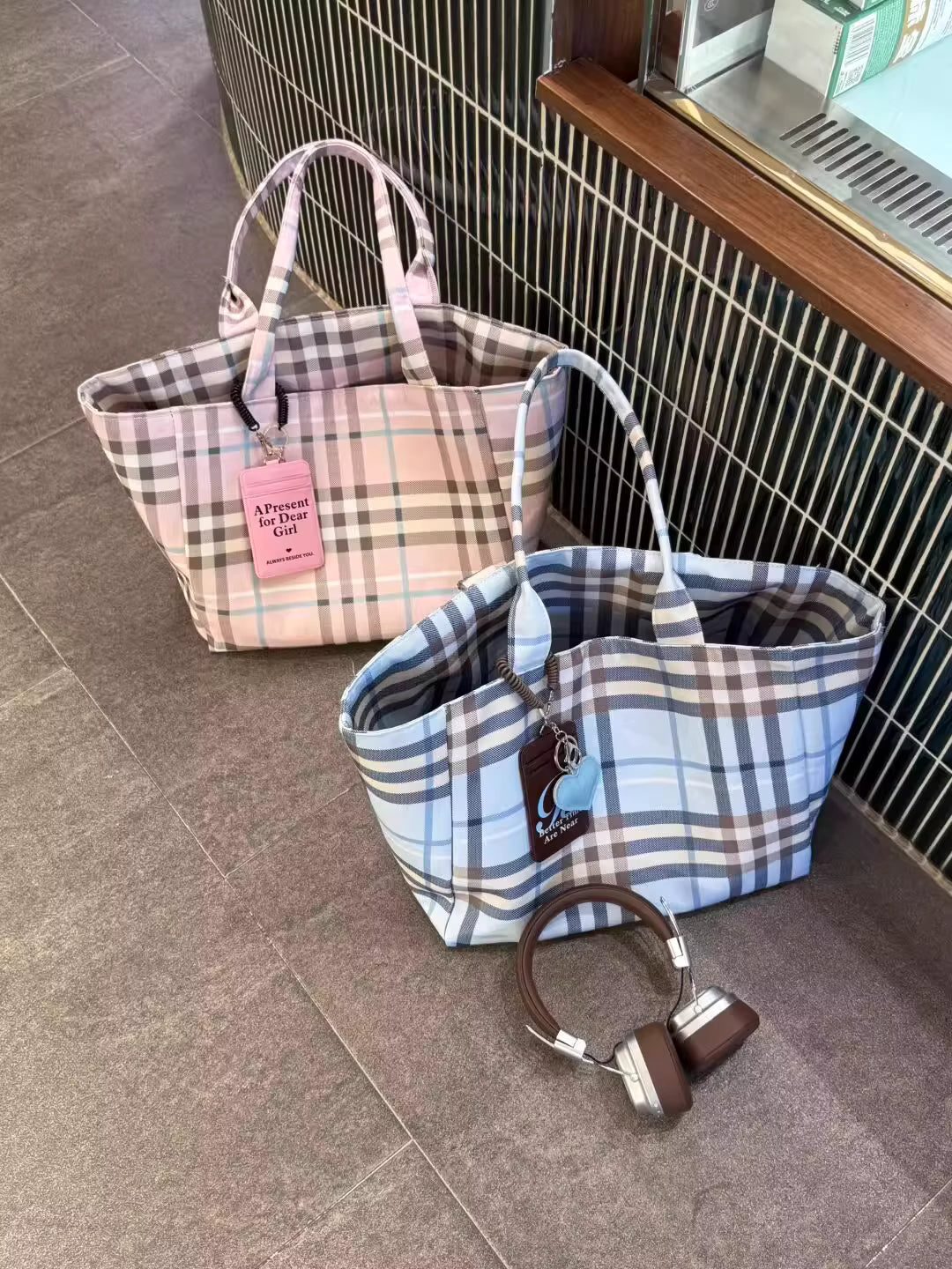 Double-Sided Plaid Canvas Tote Bag