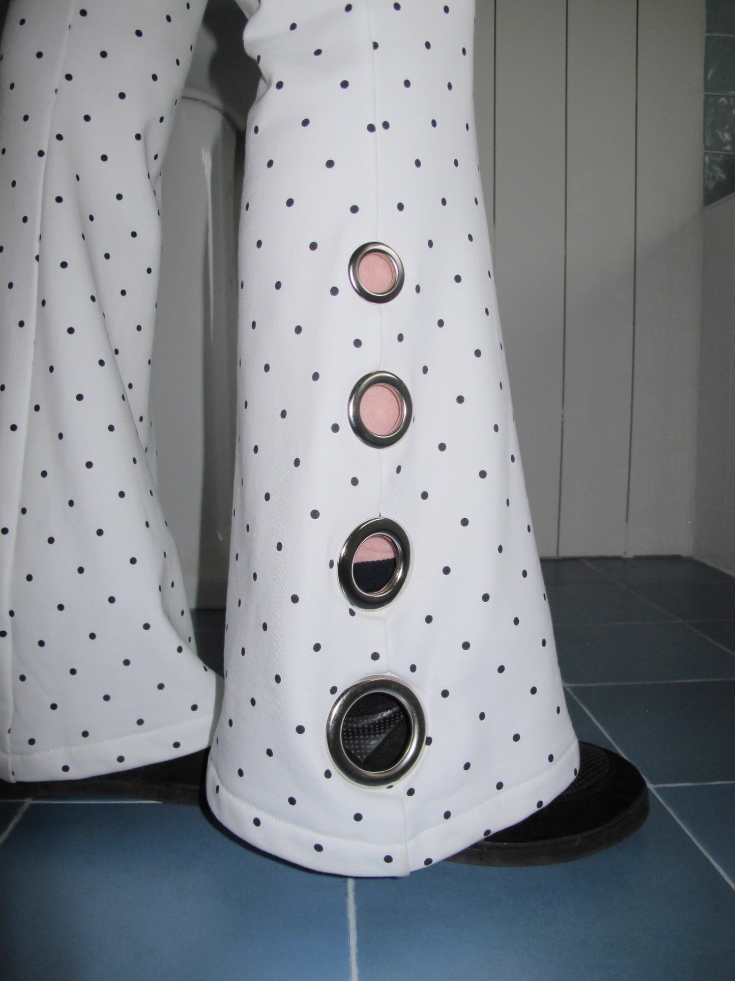 Black & White Polka Dot Eyelet Flared Trousers