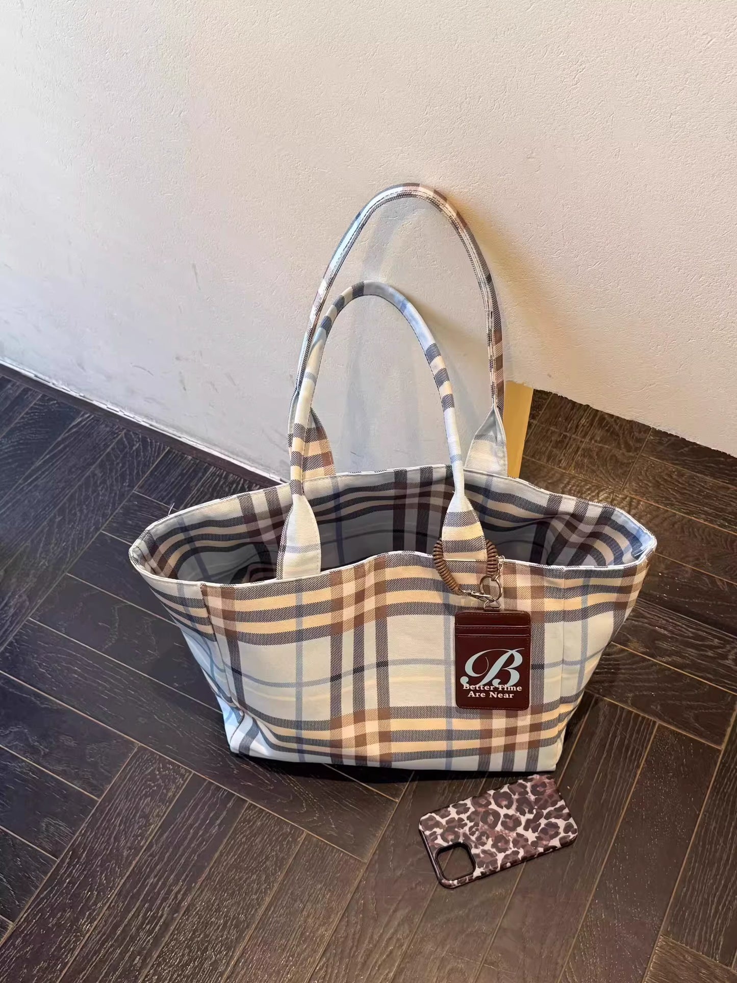 Double-Sided Plaid Canvas Tote Bag