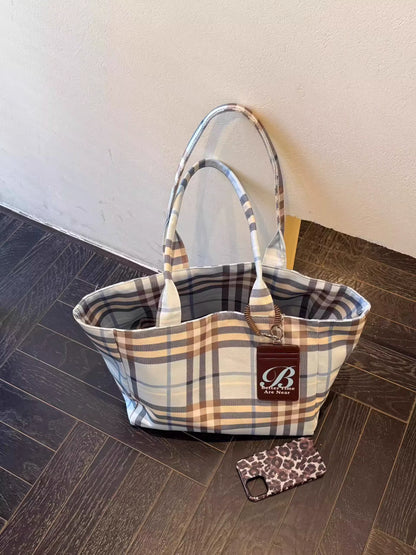 Double-Sided Plaid Canvas Tote Bag