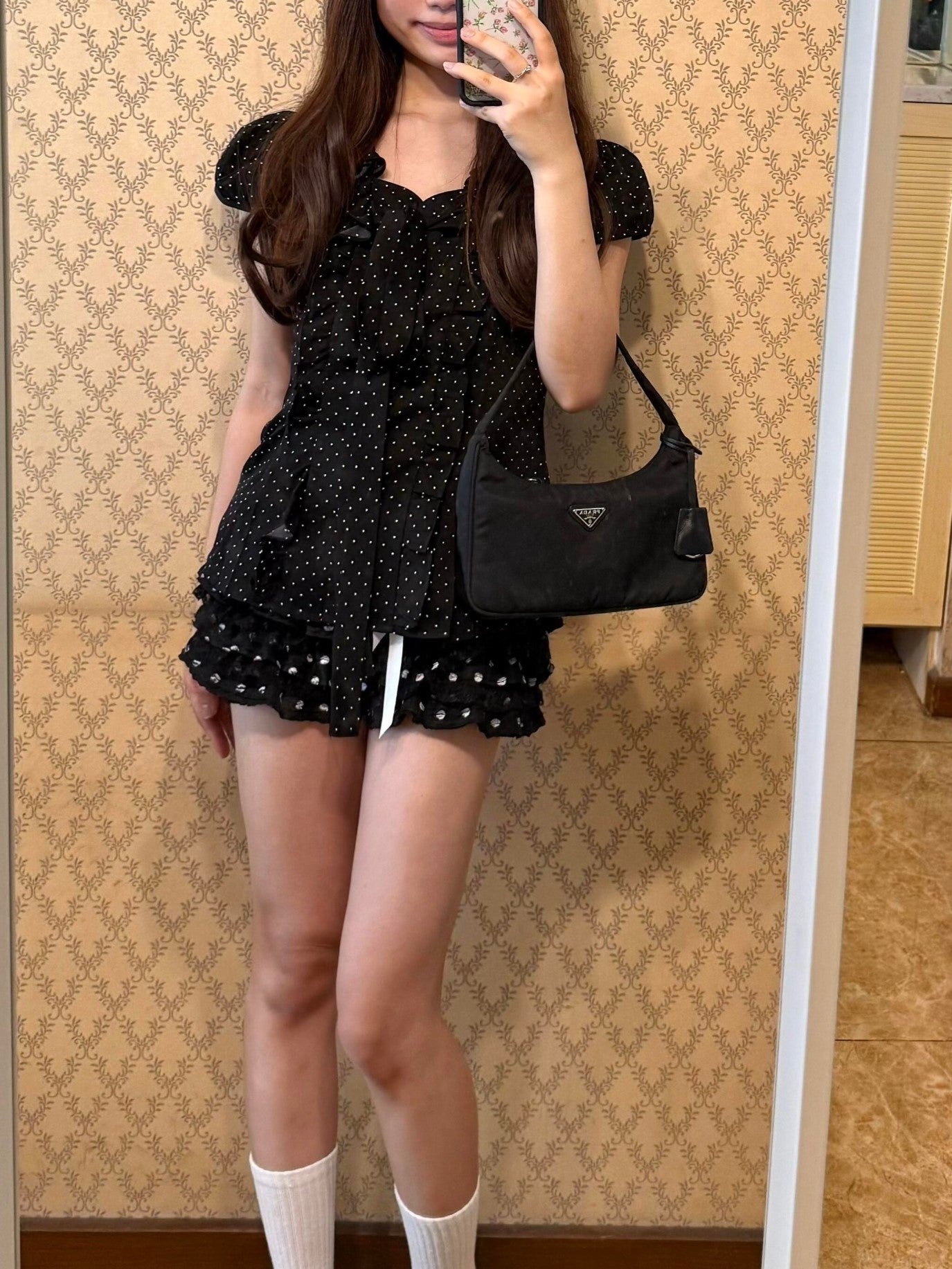 Bowknot Polka Dot Short-Sleeve Pleated Top