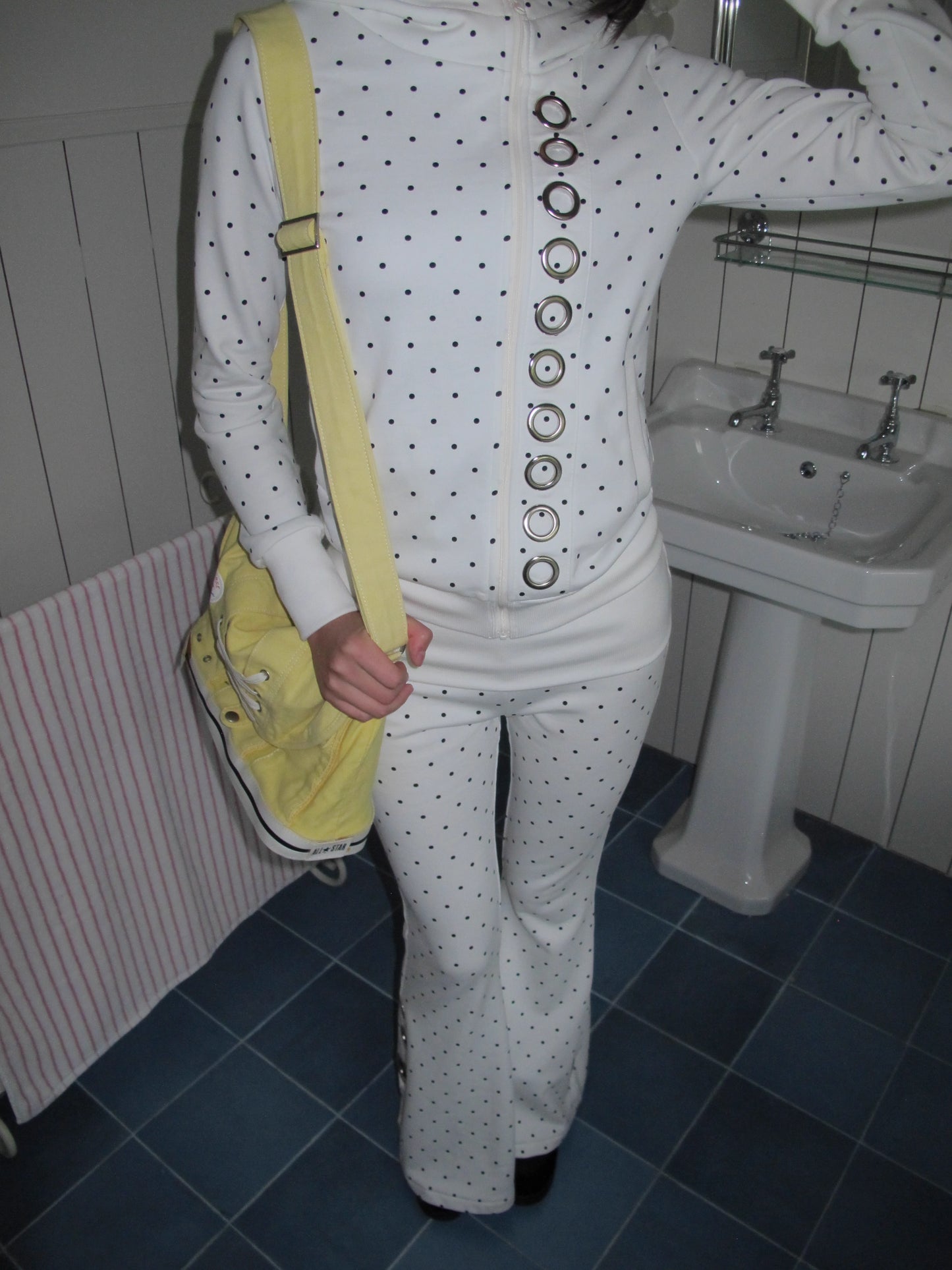 Black & White Polka Dot Eyelet Flared Trousers