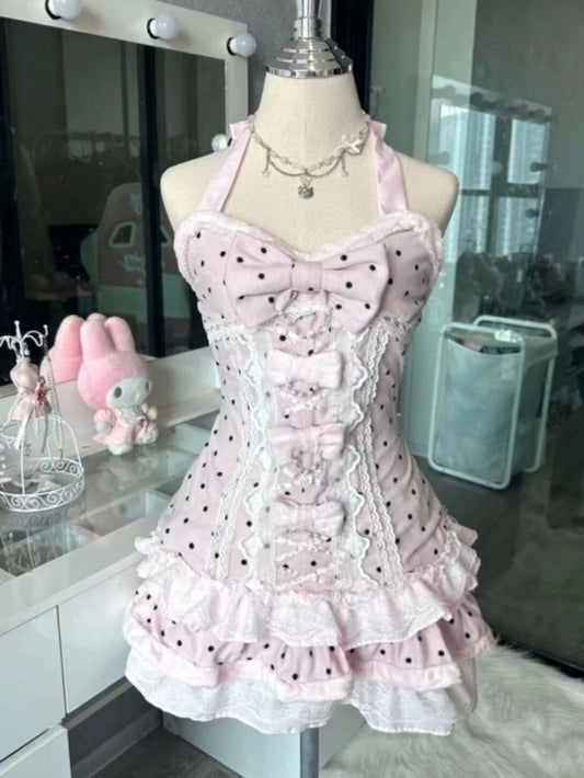 Pink Polka Dot Lace Bow Dress
