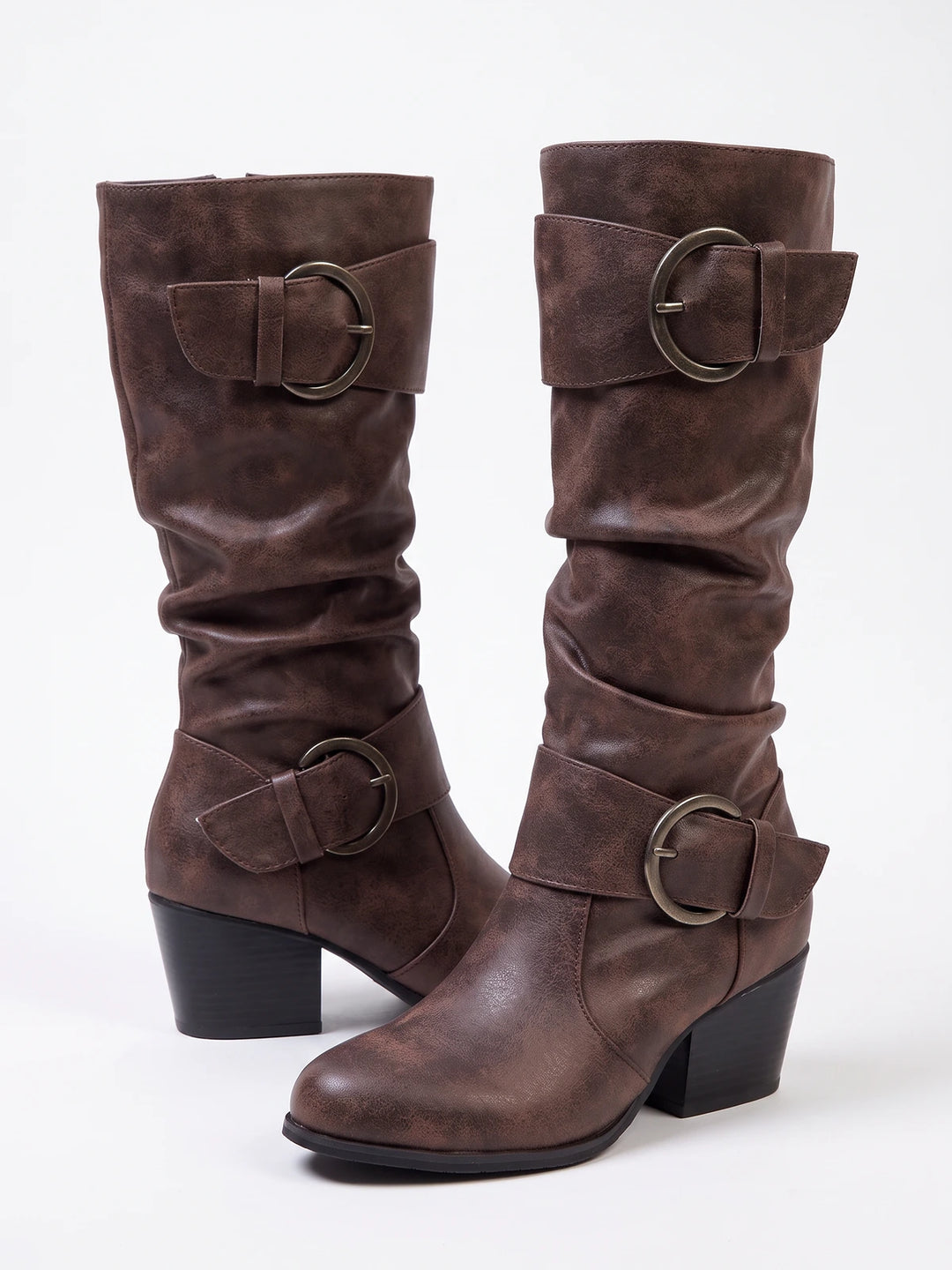 Valentine Distressed Buckle Mid-Calf Boots