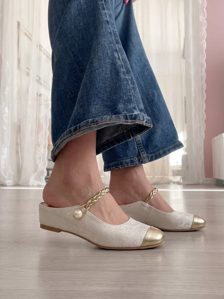 Pierrette Gold Toe Jacquard Mule Flats