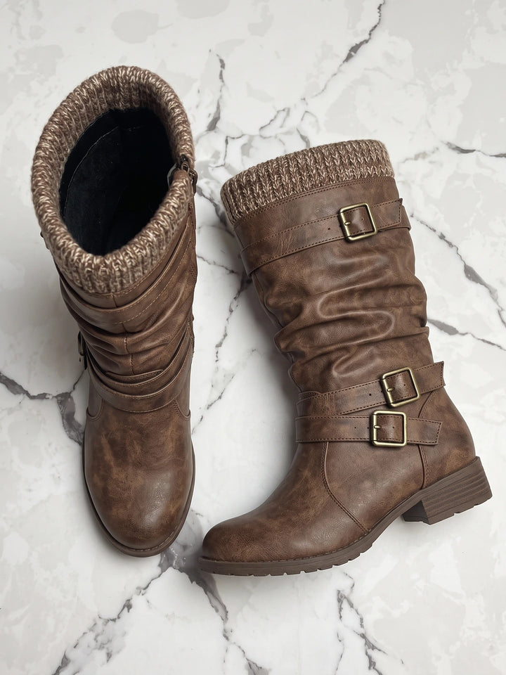 Soleil Distressed Buckle Mid-Calf Boots