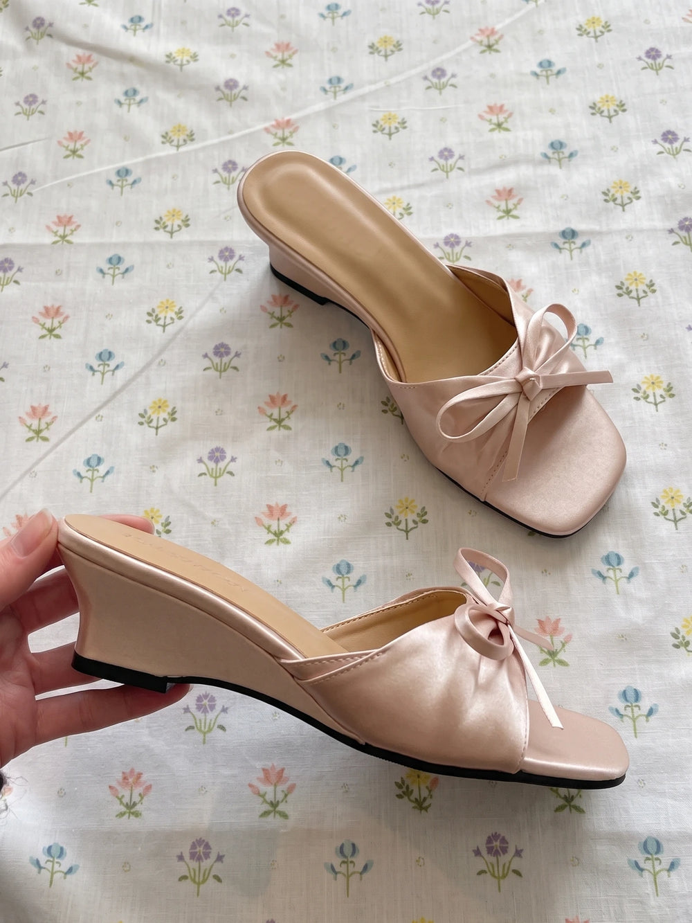 Pomeline Satin Bow Mule Wedges