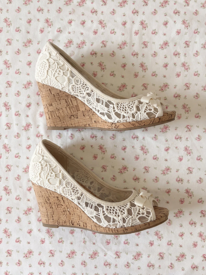 Solene Floral Lace Cork Wedge Heels