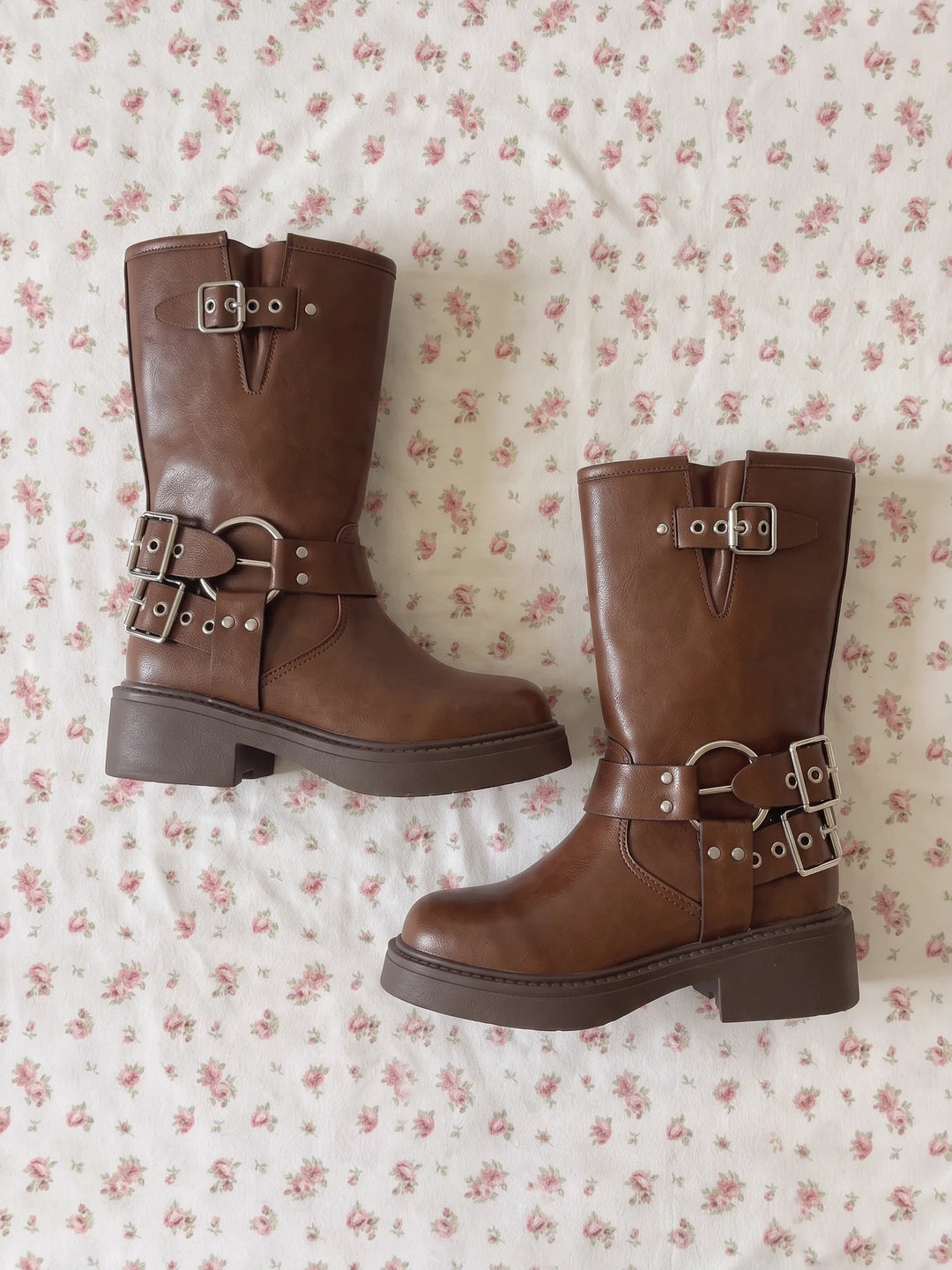 Violaine Brown Buckled Biker Boots