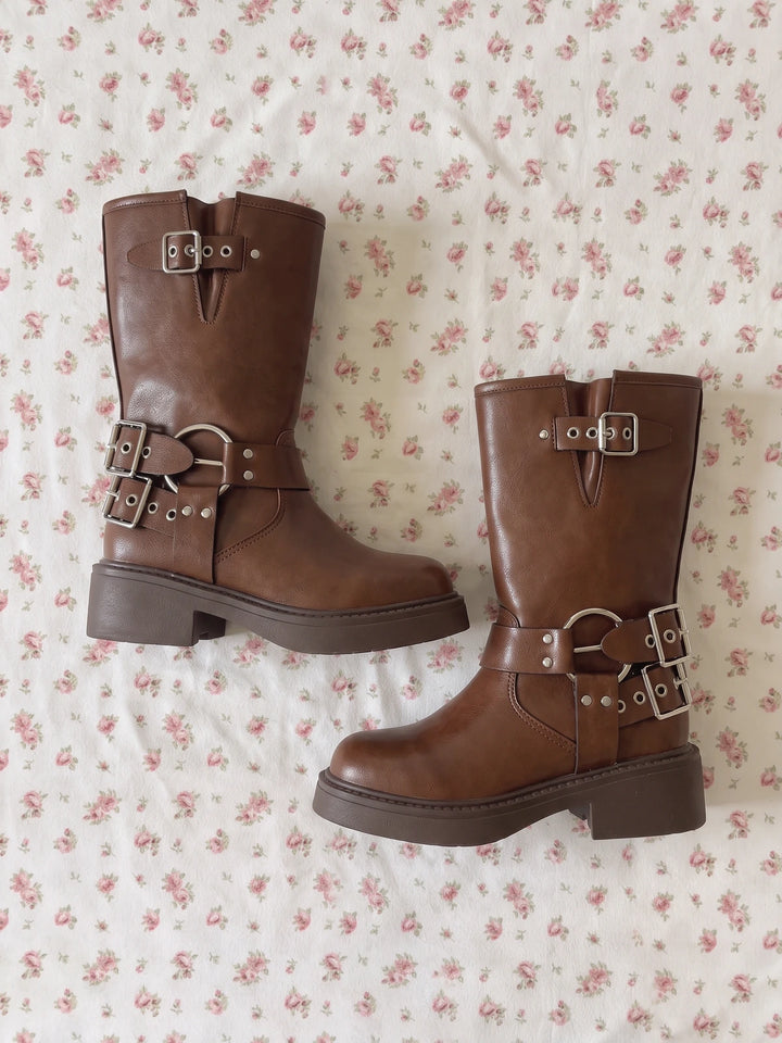 Violaine Brown Buckled Biker Boots
