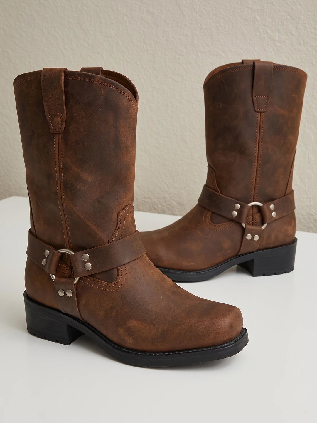 Solange Distressed Harness Mid-Calf Boots