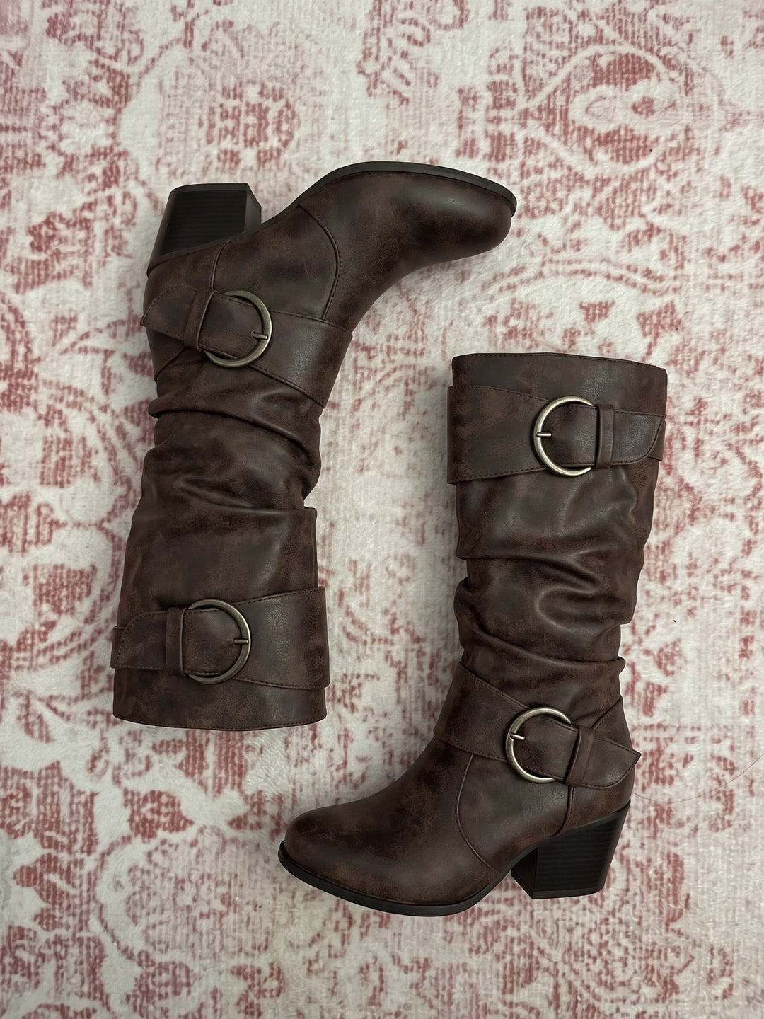 Valentine Distressed Buckle Mid-Calf Boots