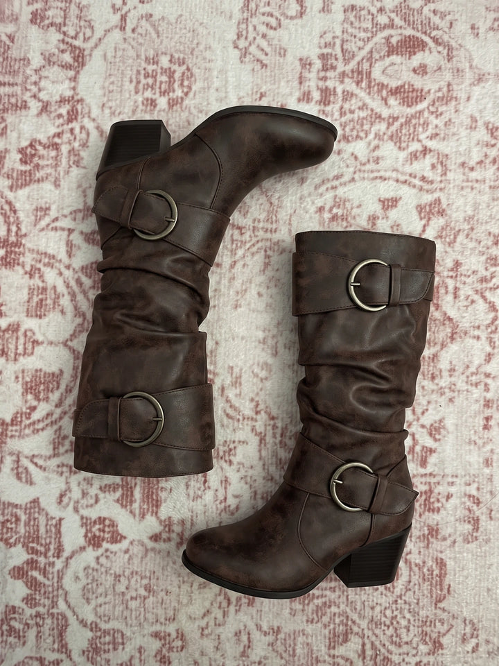 Valentine Distressed Buckle Mid-Calf Boots