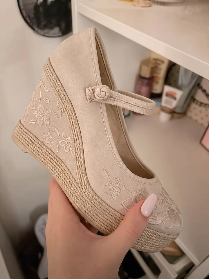 Amaryllis Embroidered Wedge Mary Janes