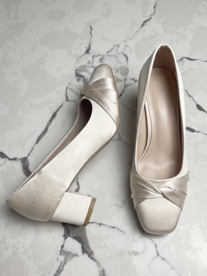 Lysabelle Satin Knot Square Toe Heels
