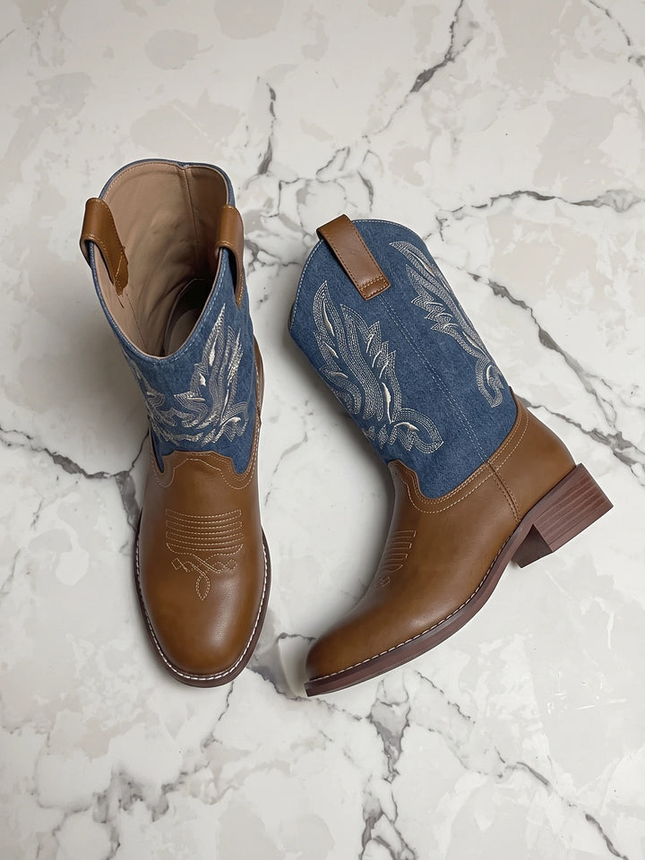 Mignonne Denim Embroidered Western Boots