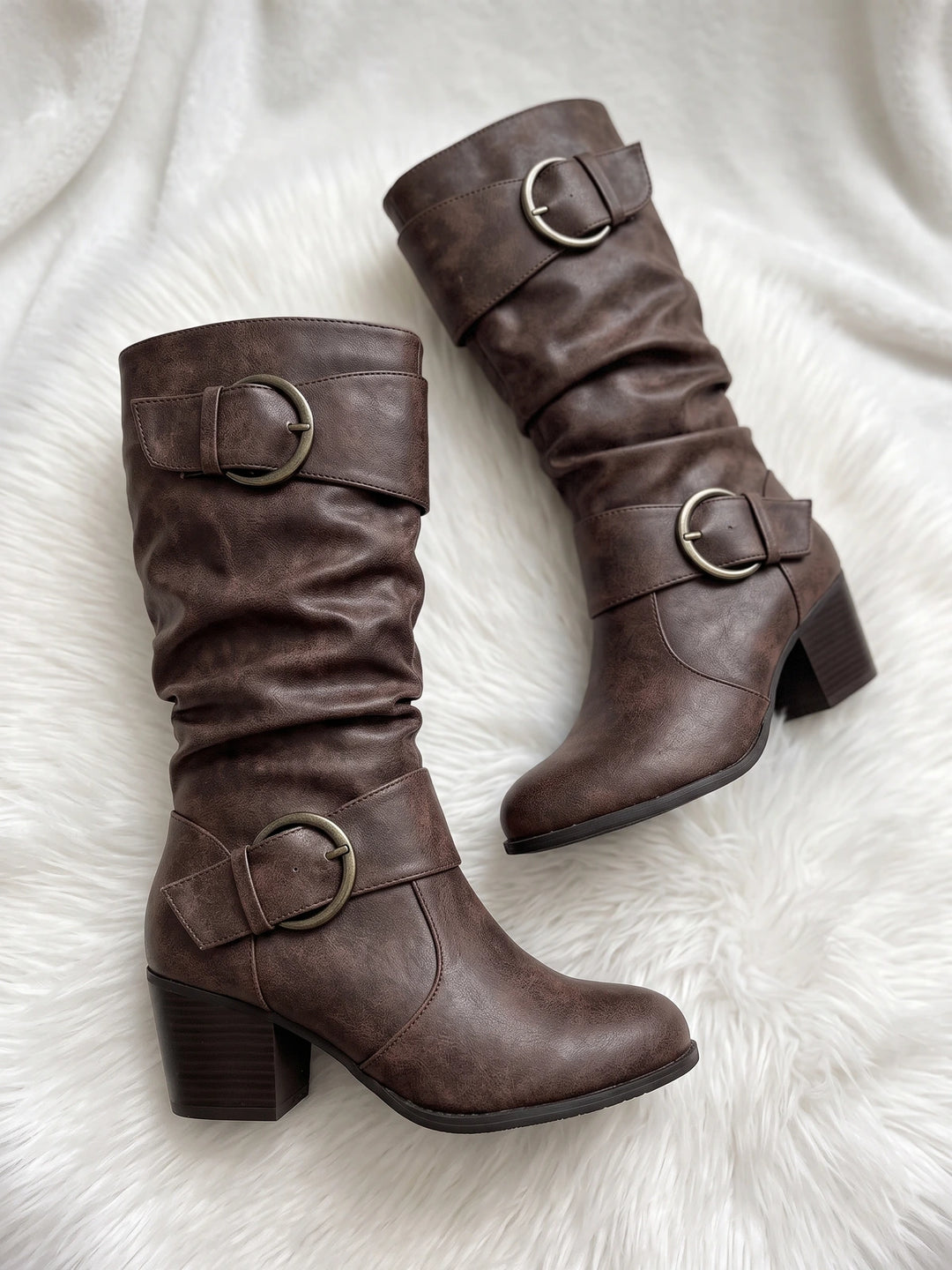 Valentine Distressed Buckle Mid-Calf Boots