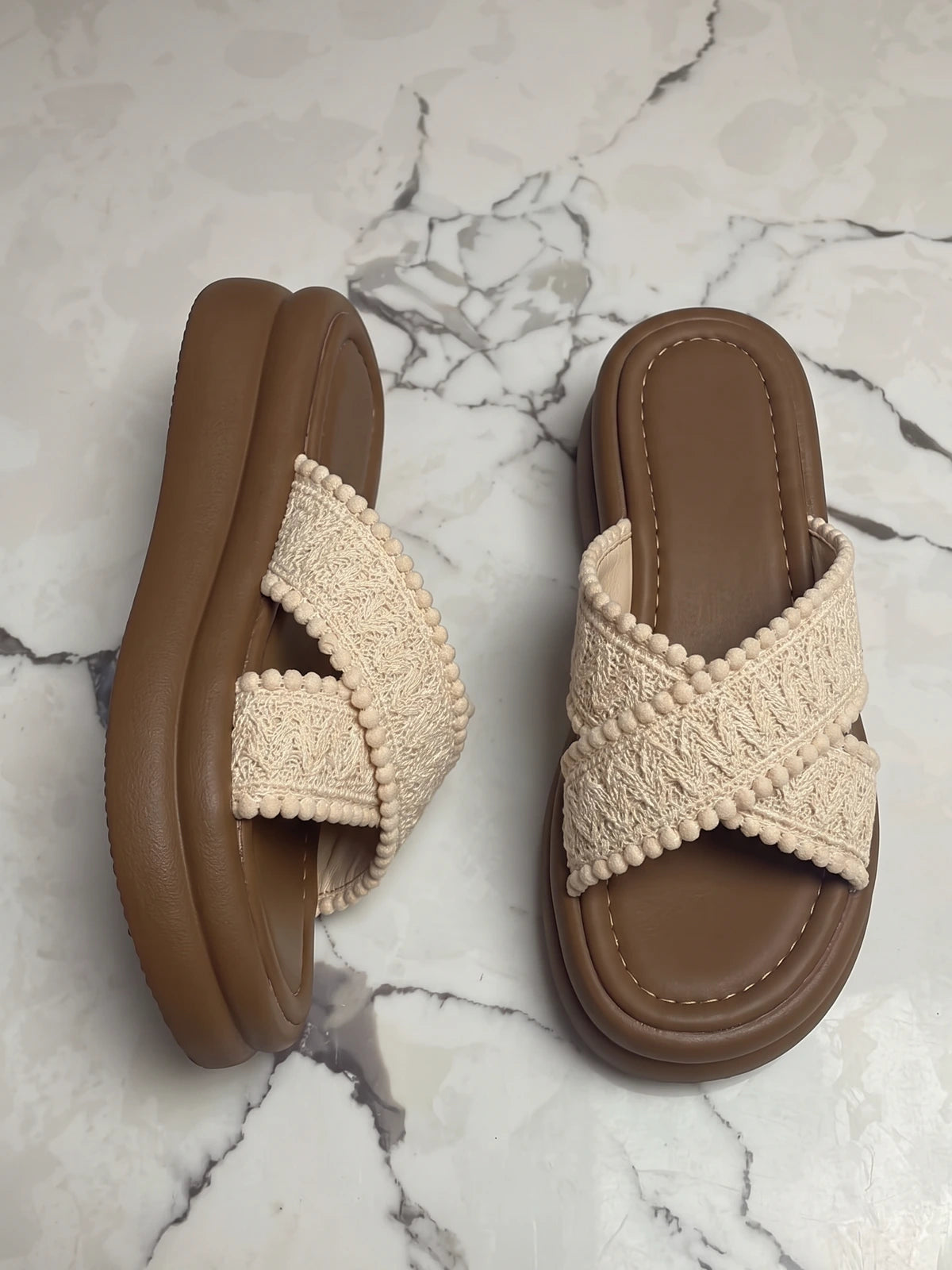 Madelina Knitted Pom-Pom Platform Slides