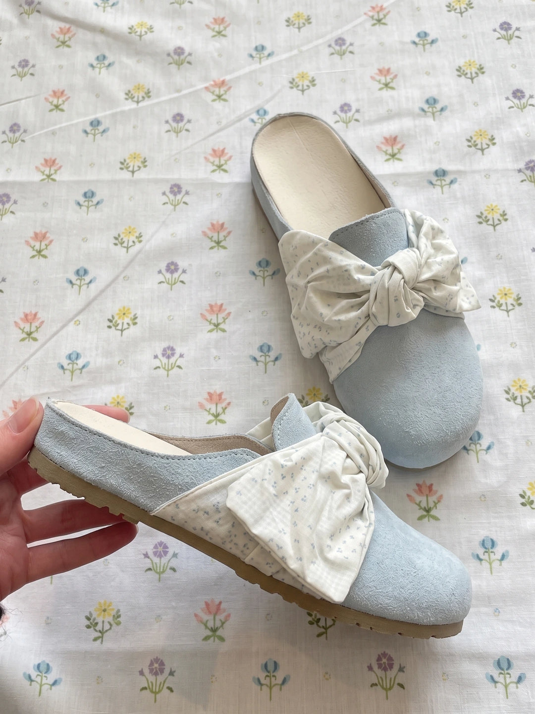 Arelie Floral Bow Suede Mules