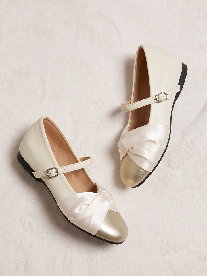Noelle Cream Gold Bow Mary Jane Flats