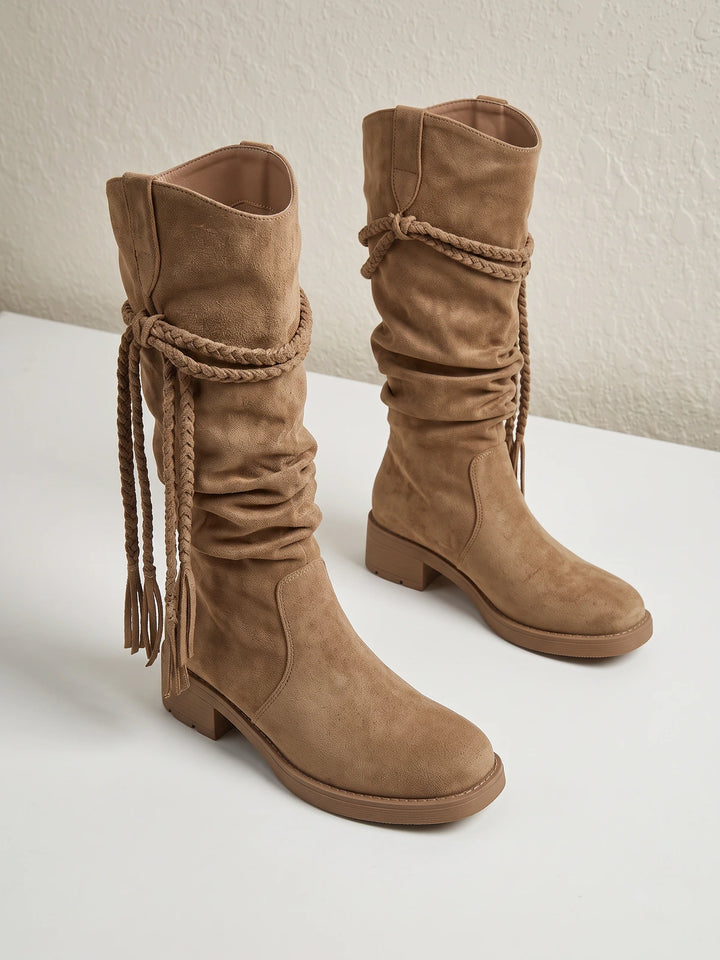 Beatrix Suede Braided Fringe Boots