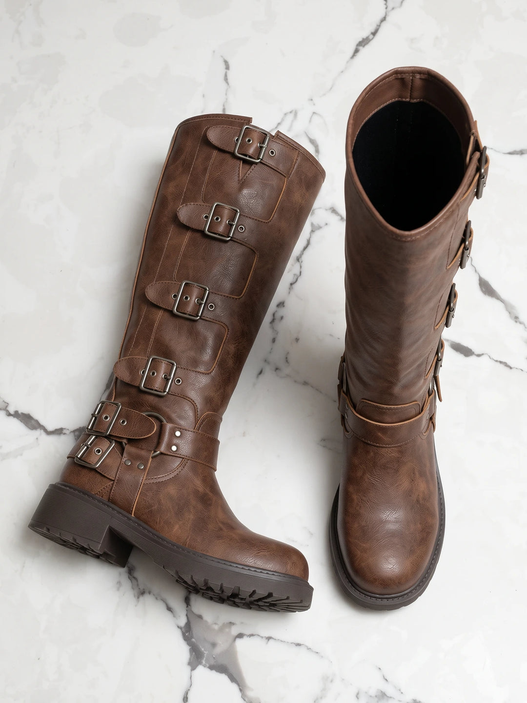 Severine Distressed Buckle Knight Boots