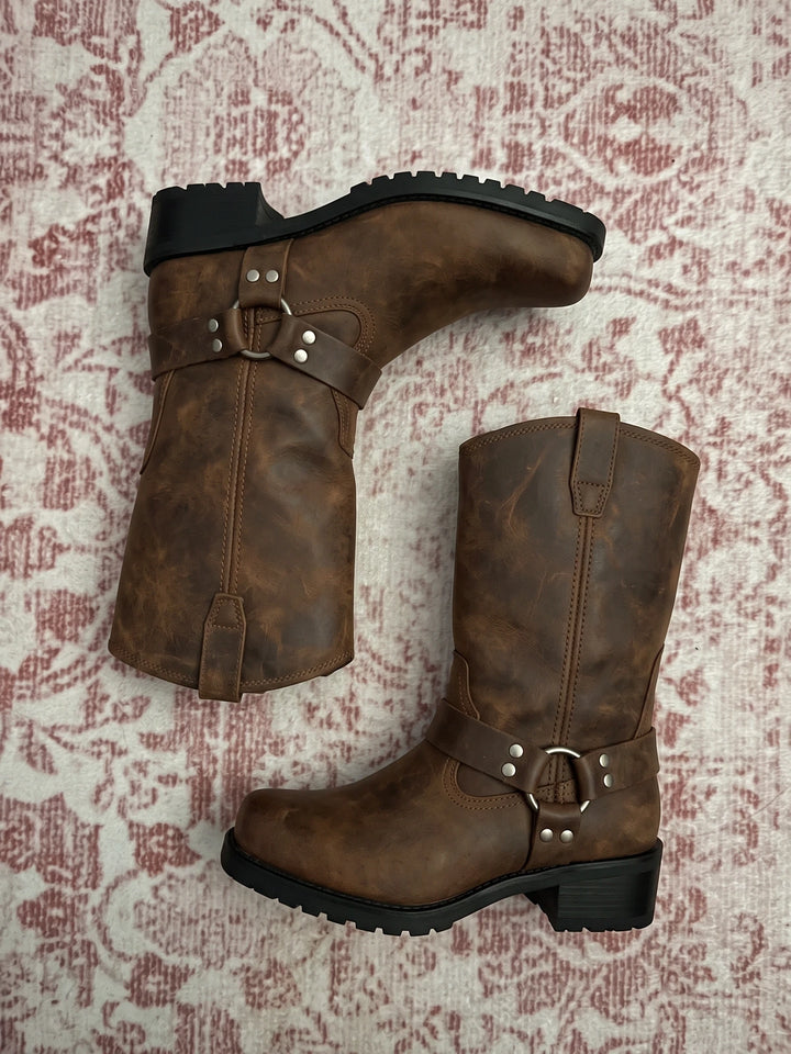 Solange Distressed Harness Mid-Calf Boots
