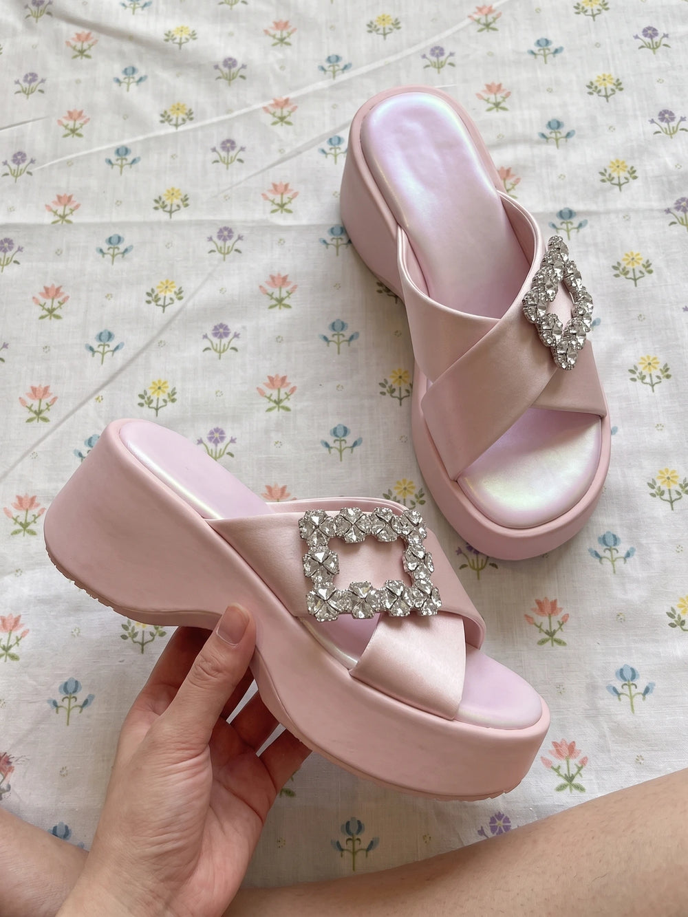 Sylviane Crystal Satin Wedge Slides