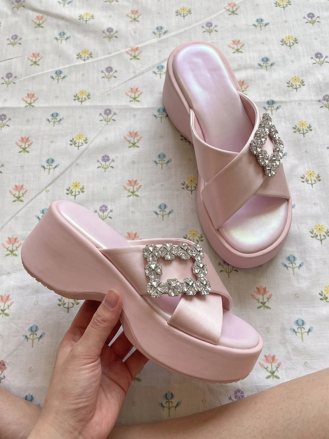 Sylviane Crystal Satin Wedge Slides