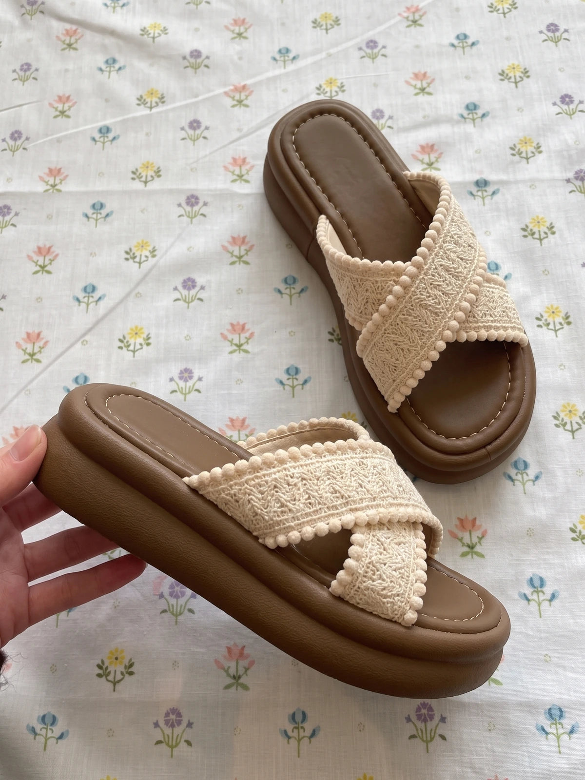 Madelina Knitted Pom-Pom Platform Slides