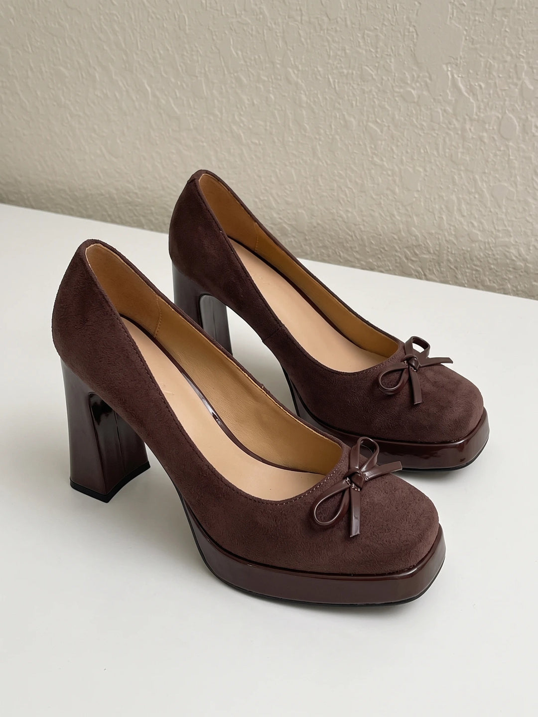 Mirelline Suede Bow Block Heels