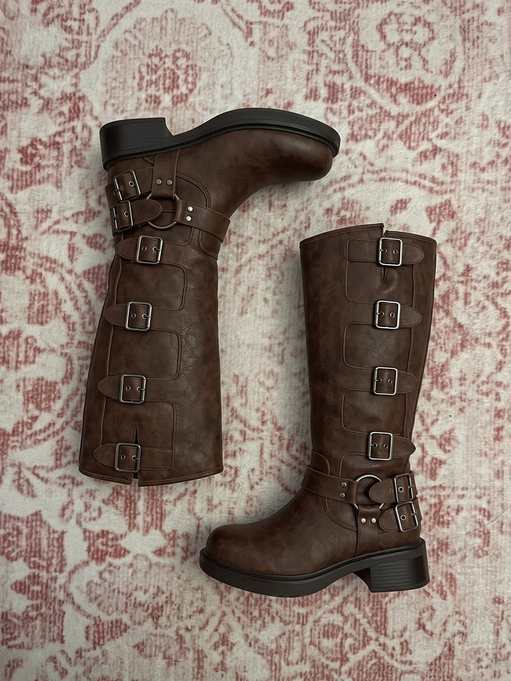 Severine Distressed Buckle Knight Boots