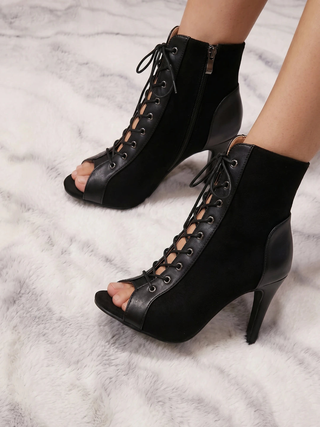 Elodie Suede Lace-Up Peep-Toe Boots