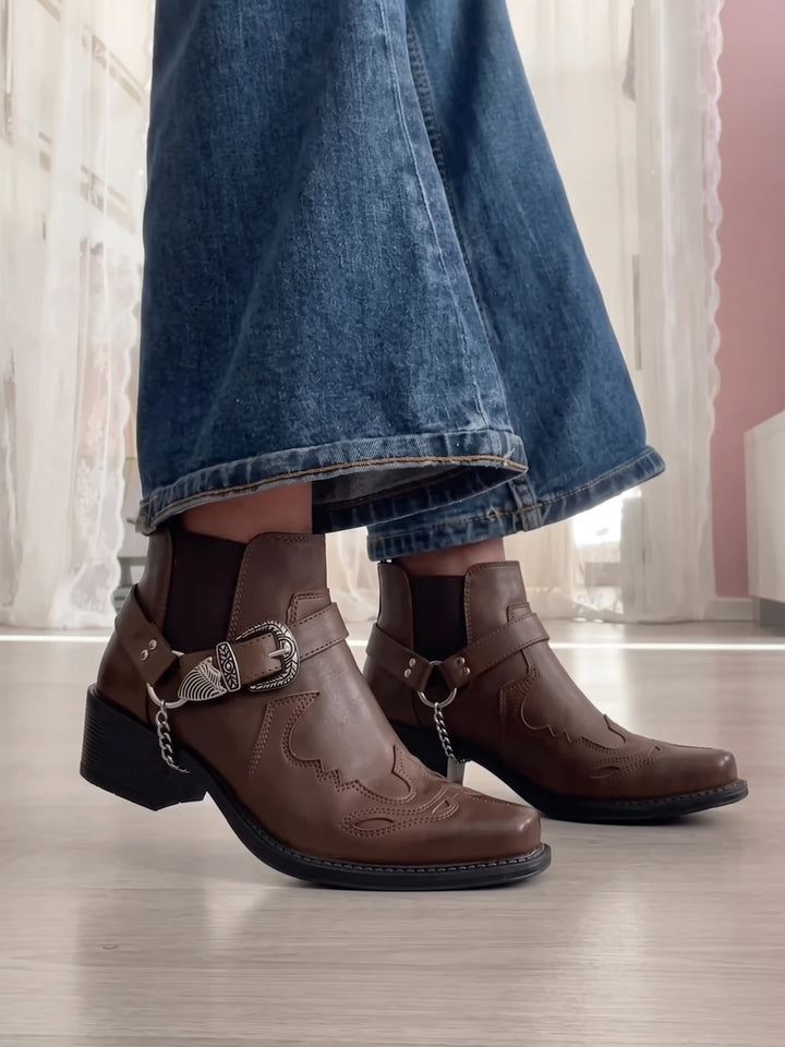 Solange Western Buckle Ankle Boots