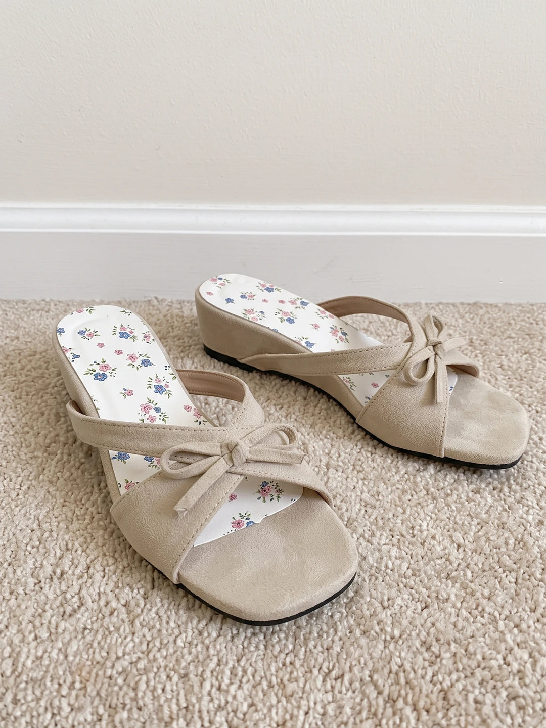 Josselyn Beige Suede Bow Wedge Slides