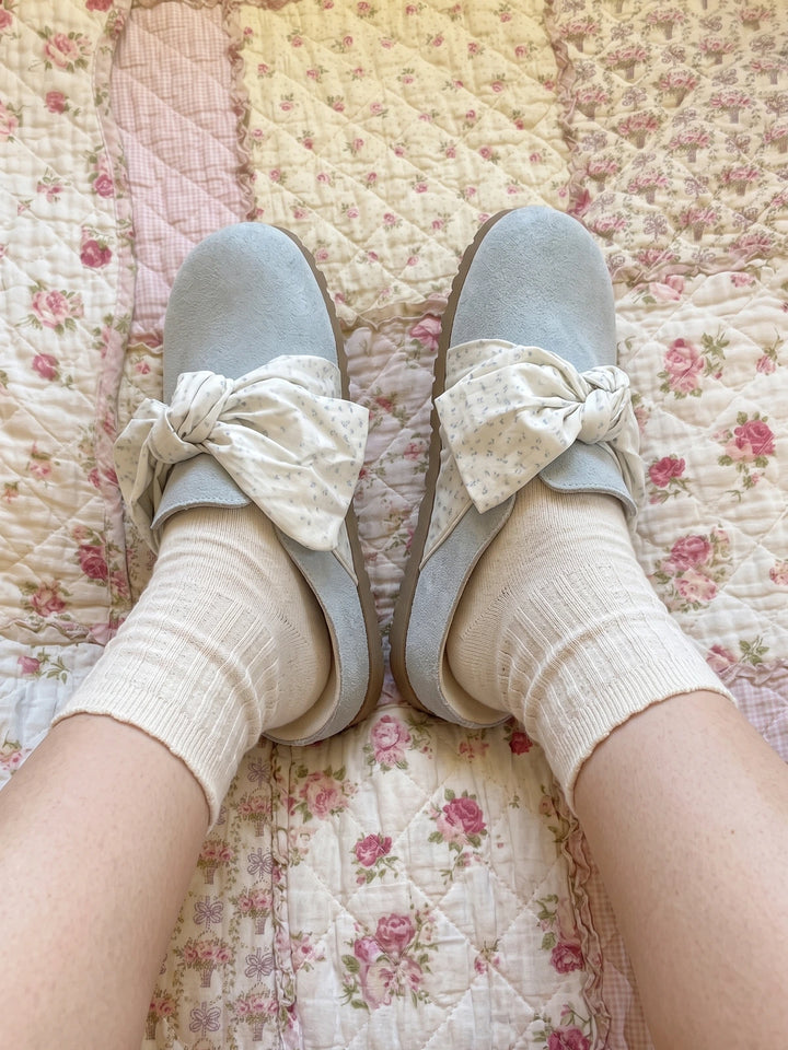 Arelie Floral Bow Suede Mules