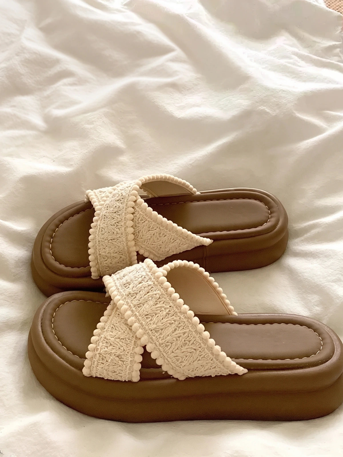Madelina Knitted Pom-Pom Platform Slides