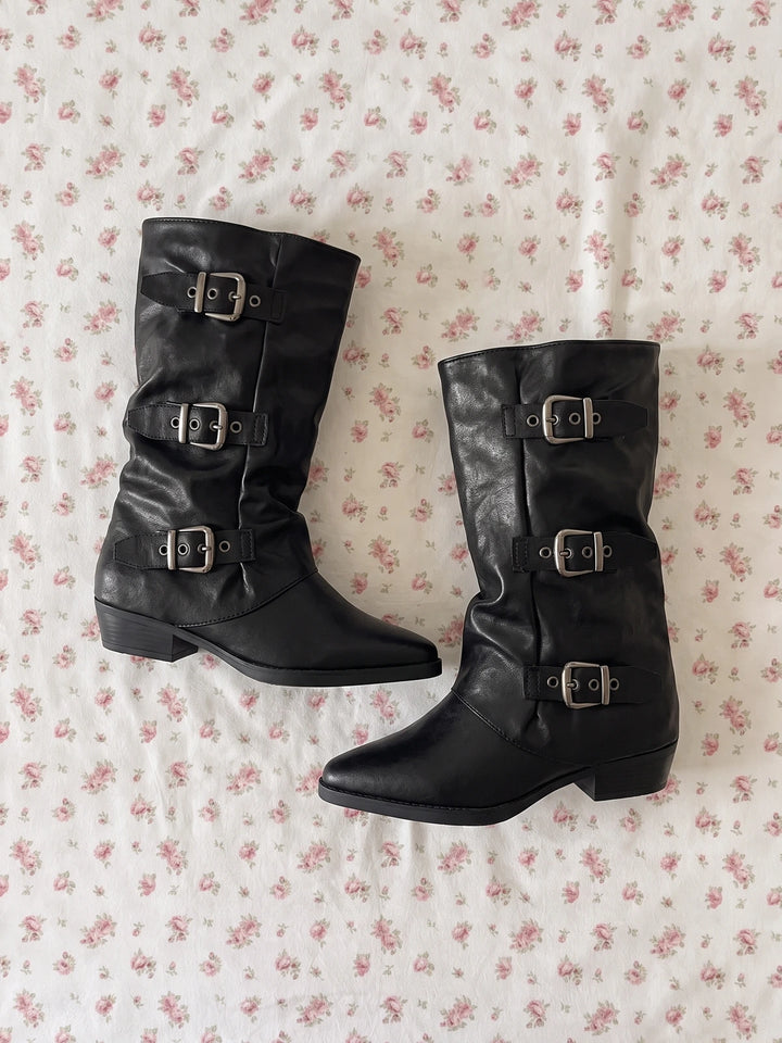 Solene Triple-Buckle Slouch Boots