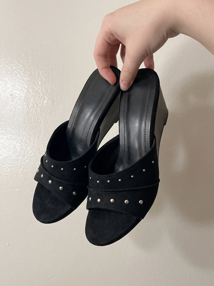 Ombeline Studded Suede Wedge Mules