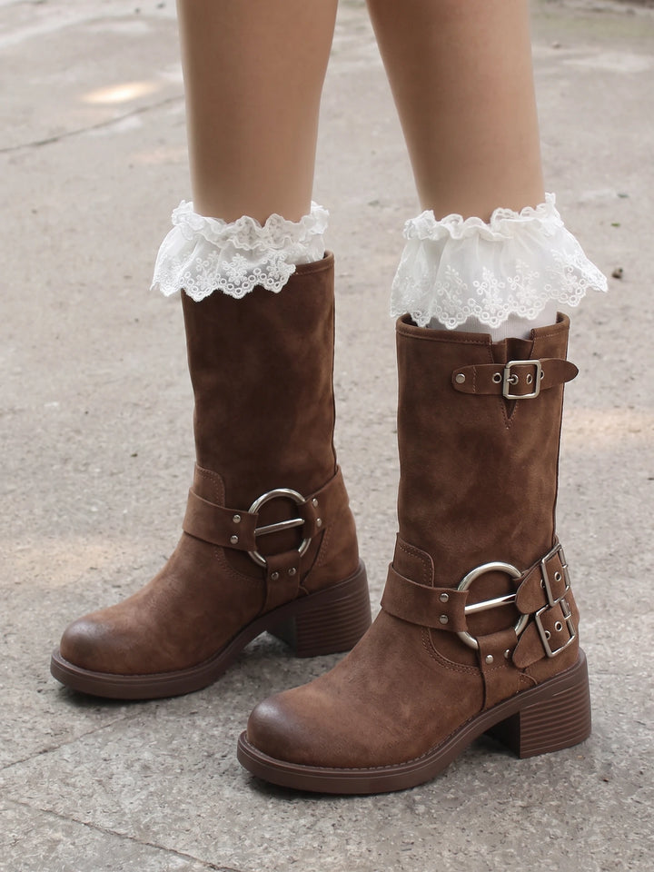 Marichelle Distressed Buckle Mid-Calf Boots