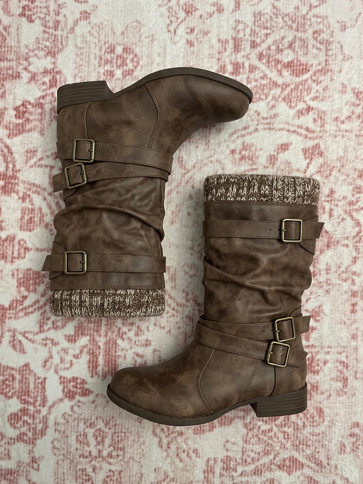 Soleil Distressed Buckle Mid-Calf Boots