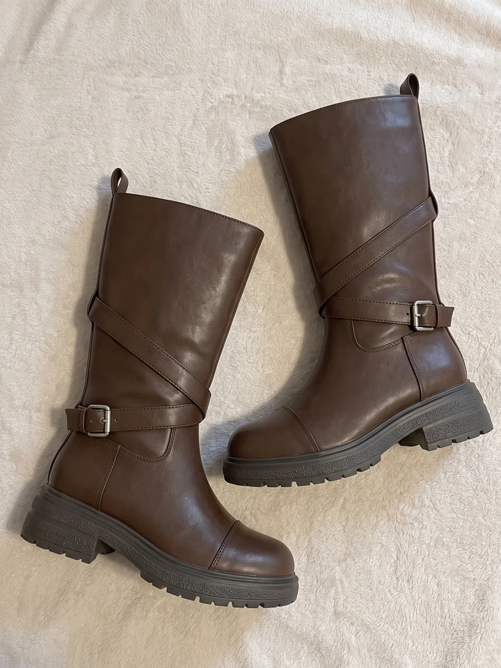 Mignettille Wrap-Strap Mid-Calf Boots