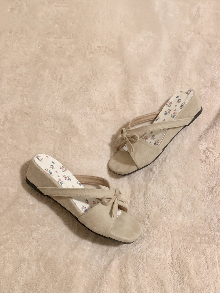 Josselyn Beige Suede Bow Wedge Slides